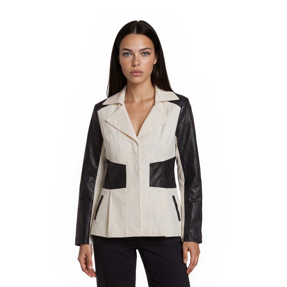NWT Bebe Colorblock Corset Jacket Women Size Large Ivory Black Faux Leather Lace